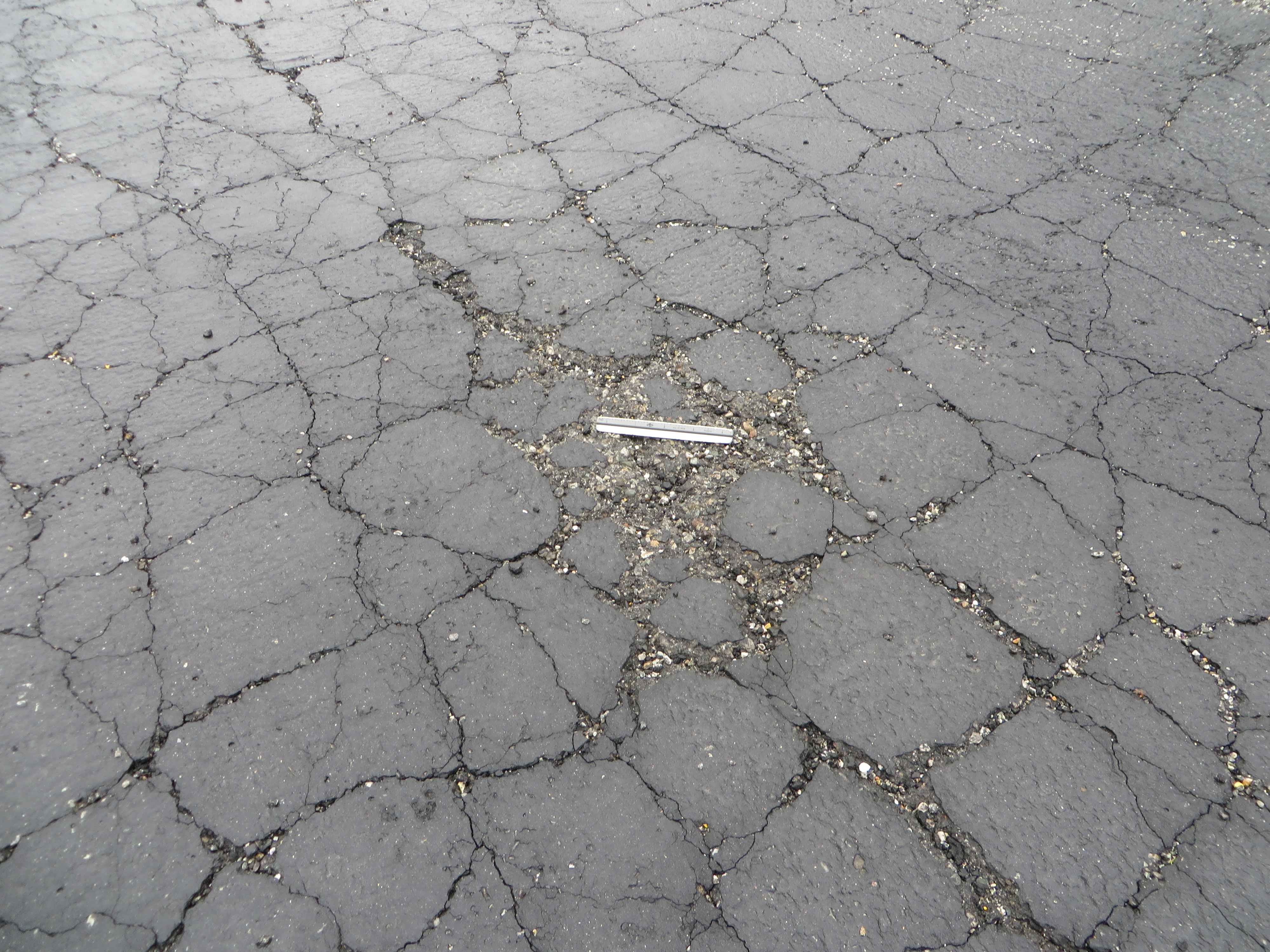 This picture shows a closeup of an asphalt pavement with high-severity (i.e., deteriorated) cracking.  The PCI of the pavement in the image is 5.